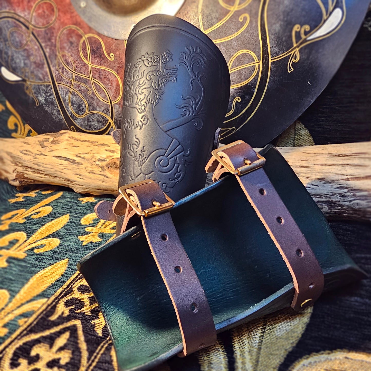 Green Leather Buckled Vambraces - Heraldic Lion