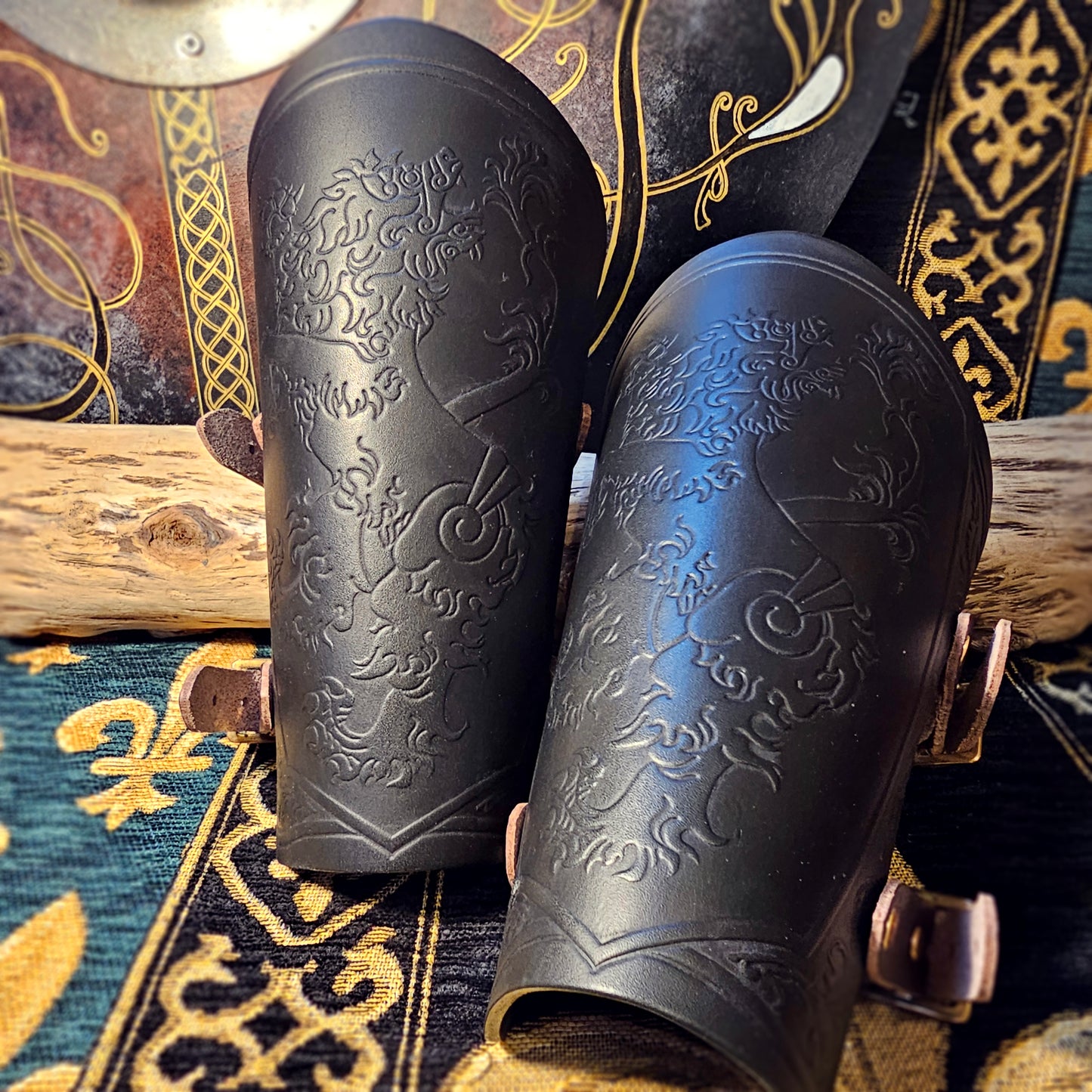 Green Leather Buckled Vambraces - Heraldic Lion