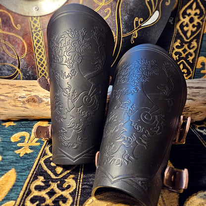 Green Leather Buckled Vambraces - Heraldic Lion