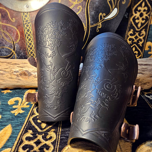 Green Leather Buckled Vambraces - Heraldic Lion