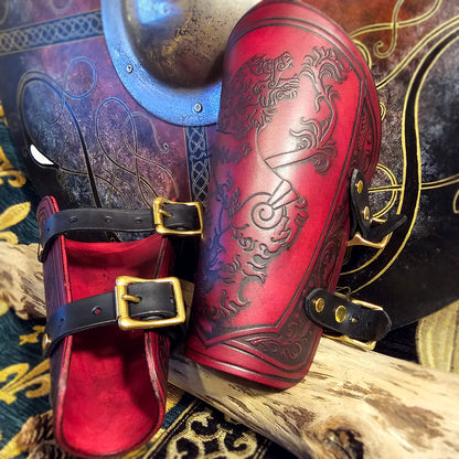 Red Leather Buckled Vambraces - Heraldic Lion