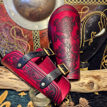 Red Leather Buckled Vambraces - Heraldic Lion