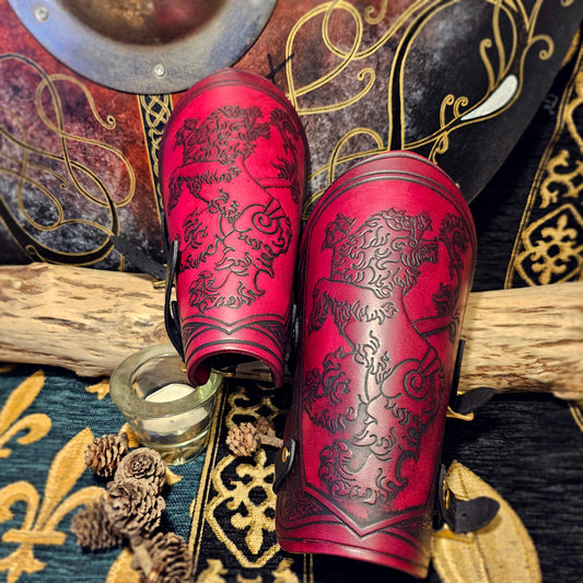 Red Leather Buckled Vambraces - Heraldic Lion