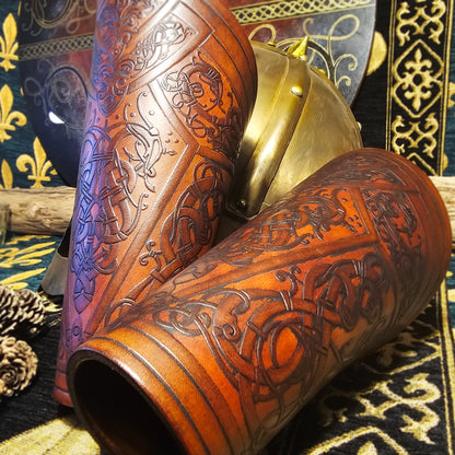 Brown Leather Laced Vambraces - Dragon