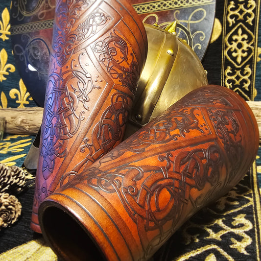 Brown Leather Laced Vambraces - Dragon