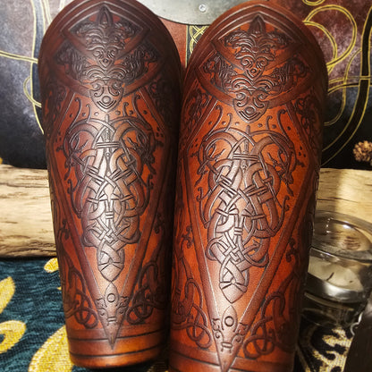 Brown Leather Laced Vambraces - Dragon