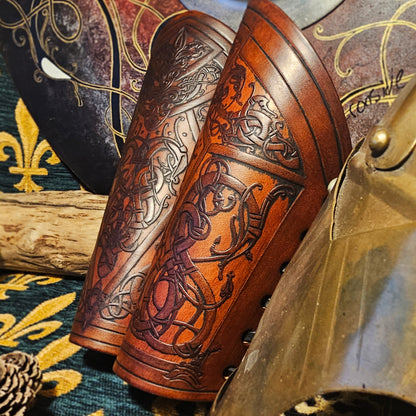 Brown Leather Laced Vambraces - Dragon