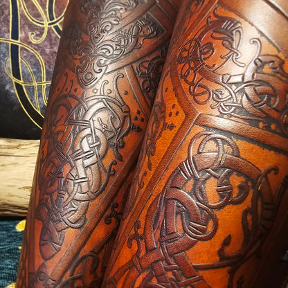 Brown Leather Laced Vambraces - Dragon