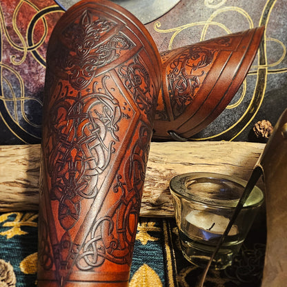 Brown Leather Laced Vambraces - Dragon