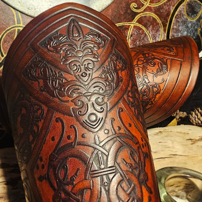 Brown Leather Laced Vambraces - Dragon