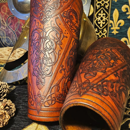 Brown Leather Laced Vambraces - Dragon