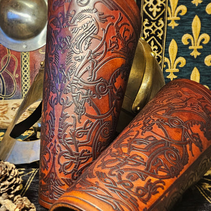 Brown Leather Laced Vambraces - Stag