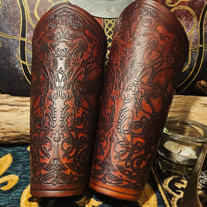 Brown Leather Laced Vambraces - Stag