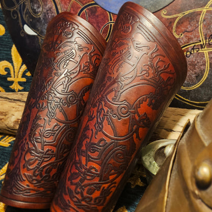 Brown Leather Laced Vambraces - Stag