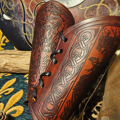 Brown Leather Laced Vambraces - Stag