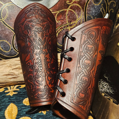 Brown Leather Laced Vambraces - Stag