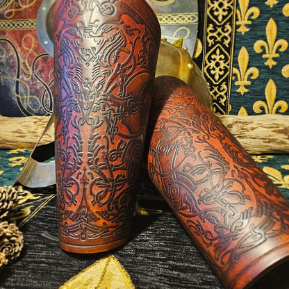 Brown Leather Laced Vambraces - Stag