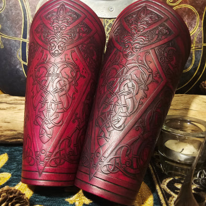 Red Leather Laced Vambraces - Dragon
