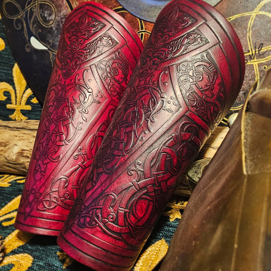 Red Leather Laced Vambraces - Dragon