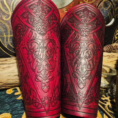 Red Leather Laced Vambraces - Dragon