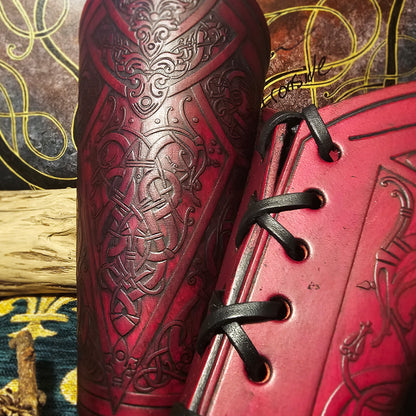 Red Leather Laced Vambraces - Dragon