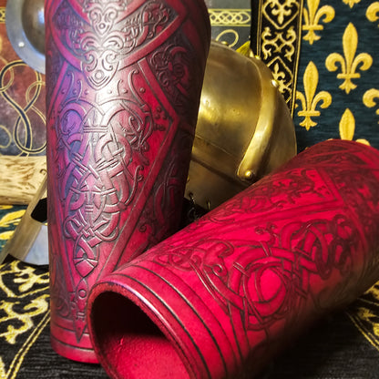 Red Leather Laced Vambraces - Dragon