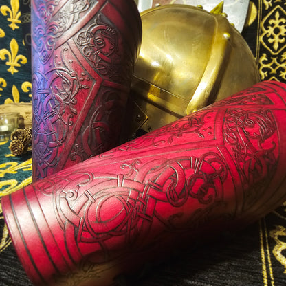 Red Leather Laced Vambraces - Dragon