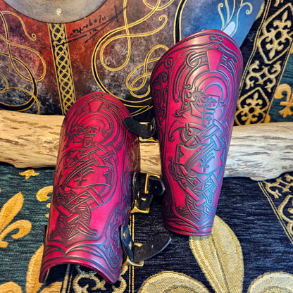 Red Leather Buckled Vambraces - Jormungandr