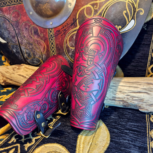 Red Leather Buckled Vambraces - Jormungandr