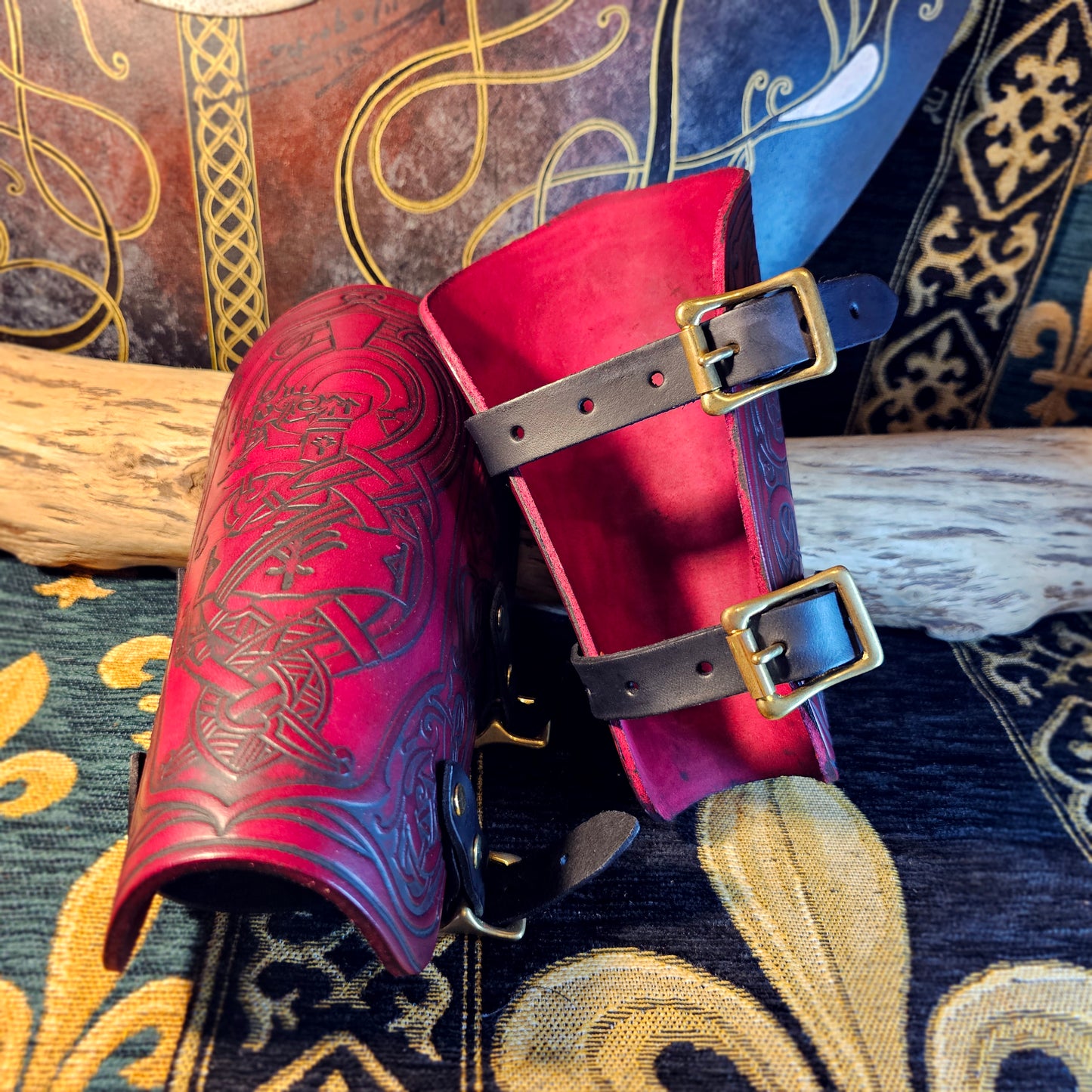 Red Leather Buckled Vambraces - Jormungandr