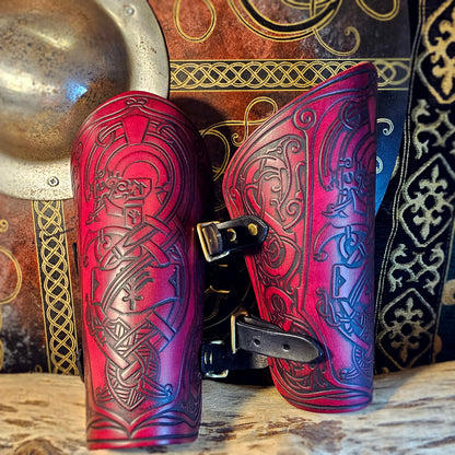 Red Leather Buckled Vambraces - Jormungandr