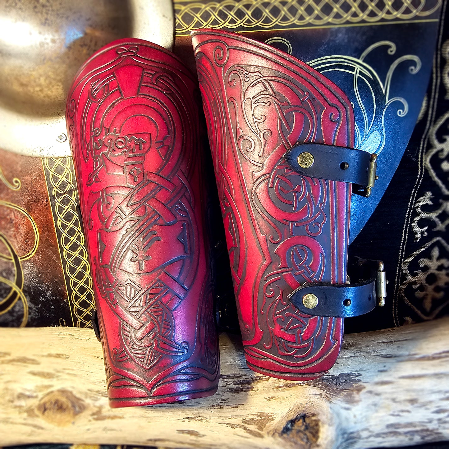 Red Leather Buckled Vambraces - Jormungandr