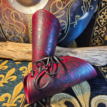 Red Leather Laced Vambraces - Stag