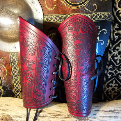 Red Leather Laced Vambraces - Stag