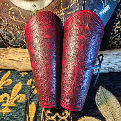 Red Leather Laced Vambraces - Stag