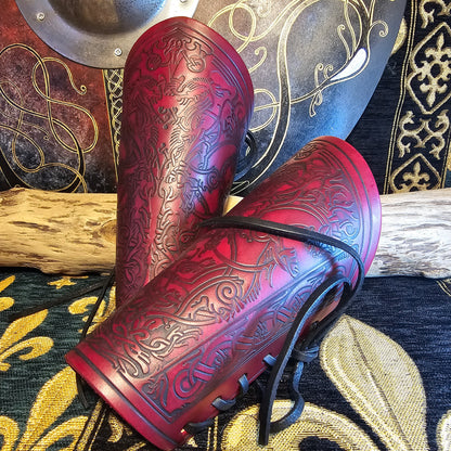 Red Leather Laced Vambraces - Stag