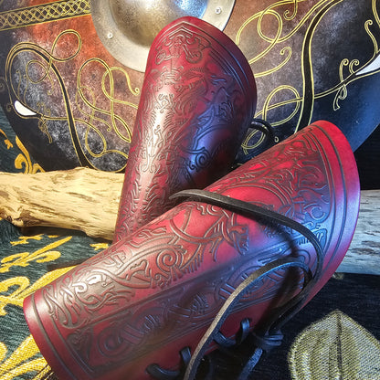 Red Leather Laced Vambraces - Stag