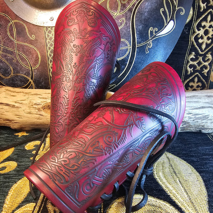 Red Leather Laced Vambraces - Stag